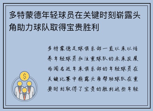 多特蒙德年轻球员在关键时刻崭露头角助力球队取得宝贵胜利